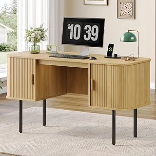 55 Inch Fluted Computer Desk with Power Outlets,Mid Century Wood Office ...