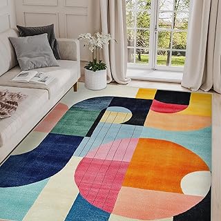 5x7 Colorful Area Rug Modern Abstract Orange Yellow Pink Blue White Beig...