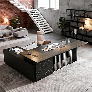 86.6” Luxury Executive Desk, L Shaped Office Desk with Storage & Wireles...
