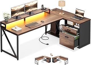 AODK L Shaped Desk with Wooden Drawers & Locking File Cabinet, 61 Inch L...