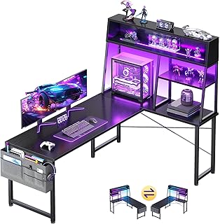 AODK L Shaped Gaming Desk with Led Lights, 59 Inch Reversible Gaming Com...