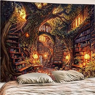 Accnicc Forest Library Tapestry Tree Bookshelf Tapestries Wall Hanging V...
