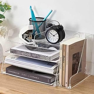 Acrylic Desk Organizer - 4-Tier Tray with Vertical File Holder for Books...