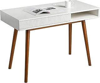 Artswish White Writing Desk with Drawers Mid Century Modern Desk, Wood O...