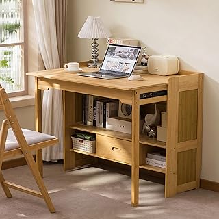 Bamboo Folding Desk with Bookshelf & Drawer, Small Foldable Computer Tab...