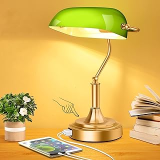Bankers Lamp with 2 USB Ports, Touch Control Green Glass Desk Lamp with ...