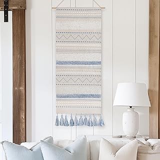 BlissBlush Long Vertical Wall Hanging Tapestry Coastal Blue Woven Boho F...