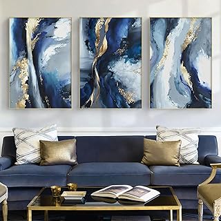 Blue White and Gold Abstract Canvas Wall Art for Living room Bedroom Hom...