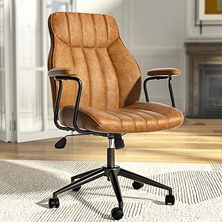 Brown Leather Office Desk Chair with Wheels and Arms, Height Adjustable,...