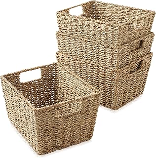 Casafield Set of 4 Seagrass Hyacinth Storage Baskets with Handles - Natu...