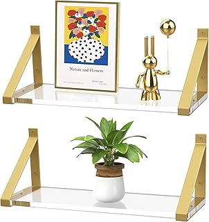 Clear Shelves, Gold Floating Shelves Wall Mounted Set of 2, 8mm Transpar...