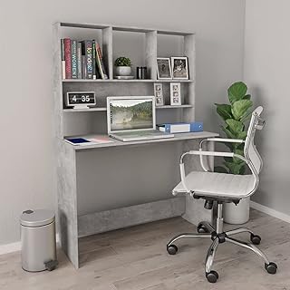 Concrete Grey Computer Desk with Storage Shelves, Compact Writing Workst...