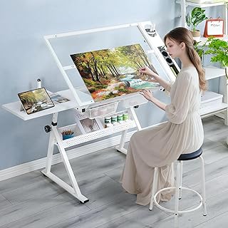 Drafting Table, 0-75° Tilting Glass Tabletop Drawing Table with Stool - ...