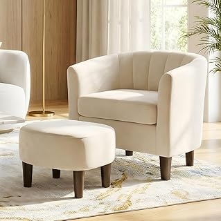 FDW Velvet Barrel Accent Chair with Ottoman, Modern Armchair with Ottoma...
