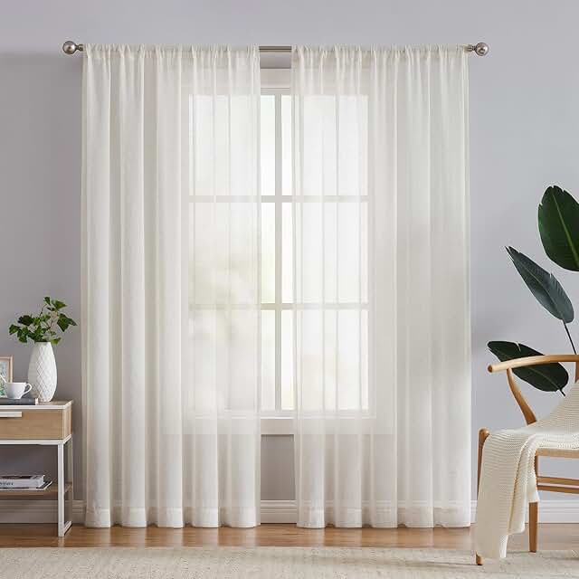 FMFUNCTEX Linen Sheer Curtains for Bedroom, Beige Curtains 84 inches Lon...