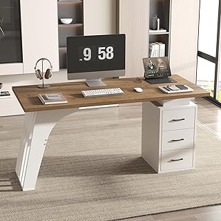 Farmhouse Executive Desk with 3 Drawers, 55 Inch Large Rustic Office Des...