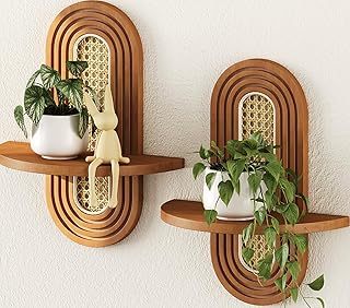 Floating Shelves for Wall, Boho Home Wall Decor,Rattan Plant Shelf Set o...