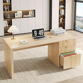 Fluted Desk with File Drawers - 47 Inch Modern Executive Desk Wood Desks...