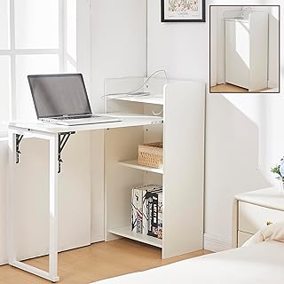 Fold Out Desk with Storage and Built-in Outlet, Mid Century Foldable Des...