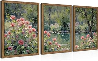 Framed Monet Wall Art Set of 3, Impressionist Botanical Floral Canvas Wa...
