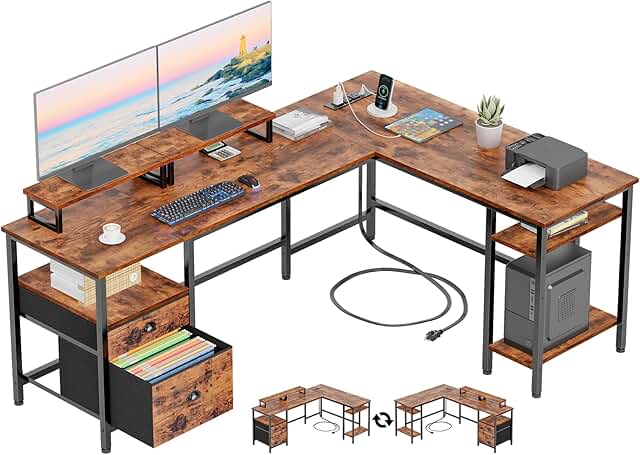 Furologee 66” L Shaped Desk with Power Outlet, Reversible Home Office De...
