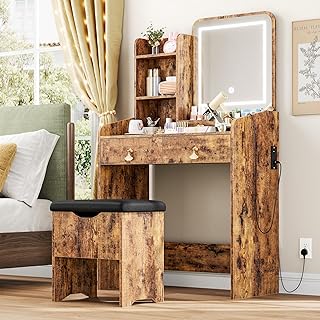 Garvee Vanity Desk with LED Light Mirror and Charging Station, Small Mak...