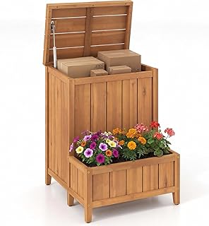 Giantex Outdoor Package Box with Planter, Wooden Storage Box with Lid & ...