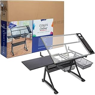 Glass Top Art & Craft Station - Sturdy & Adjustable Drawing Table w/ 2 D...