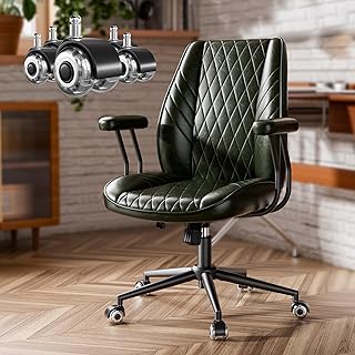 Green Leather Office Desk Chair with Quiet Rubber Wheels, Height Adjusta...