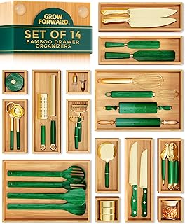Grow Forward Bamboo Drawer Organizer Boxes - Set of 14 Wooden Drawer Org...