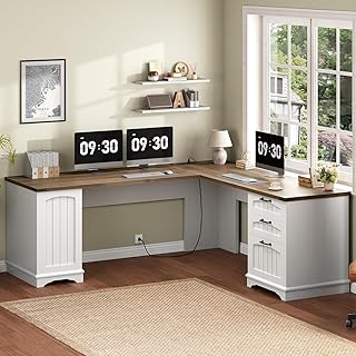 HOOBRO Farmhouse L Shaped Computer Desk, Computer Desk with Power Outlet...