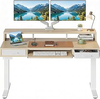 HUANUO 55″ x 26″ Electric Standing Desk with 2 Drawers &24.4″ Large Keyb...