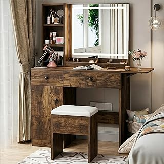 Haewon Vanity Desk with Mirror and Lights, Makeup Vanity with Charging S...