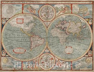 Historical Map, 1626 A New and accurat map of The World, Vintage Wall Ar...
