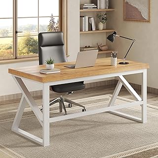 IBF 100% Solid Wood Desk, Minimalist Natural Real Wood Computer Desk, Ru...