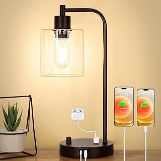 Industrial Table Lamp with USB A+C Ports and Outlet, Fully Stepless Dimm...
