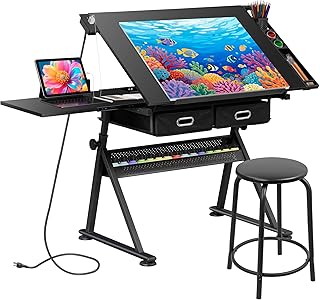 JupiterForce Drafting Table Art Desk w/Power Outlet and Stool, Adjustabl...
