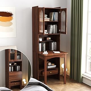 KEIKI Fold-Out Home Office Desks Writing Table with Glass Doors, Drawers...
