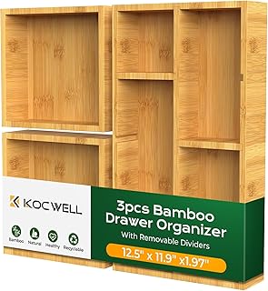 KOCWELL Bamboo Desk Drawer Organizer with Removable Dividers,Multi-Use O...