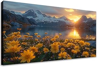 LKY ART Mountain Lake Sunset Wall Art Snow-Capped Peaks with Yellow Wild...