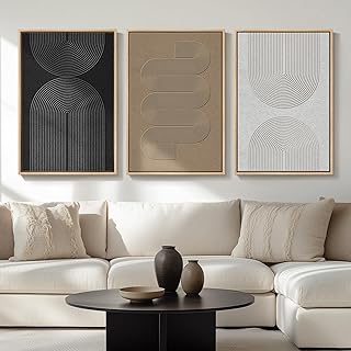 Large Framed Boho Modern Neutral Abstract Wall Art for Living Room, 3 Pi...