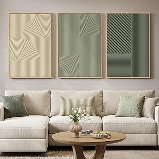 Large Framed Green and Neutral Beige Abstract Wall Art for Living Room, ...