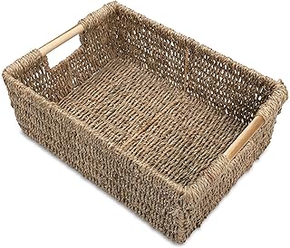 Large Natural Wicker Basket Rectangular with Wooden Handles, Seagrass St...