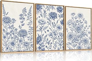 Large Navy Blue Chinoiserie Floral Framed Canvas Wall Art Set,Minimalist...