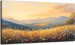 Large Sunset Wildflower Canvas Wall Art Golden Wildflower Field Mountain...