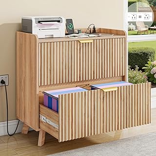 Lateral File Cabinet with Charging Station, Modern Fluted 2 Drawer File ...