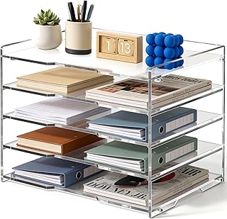Leffis 5 Tier Acrylic Desk Organizer, Clear Paper File Folder Holder Let...