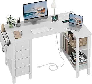 Lufeiya White L Shaped Computer Desk with Drawers & Storage Shelves, 47 ...