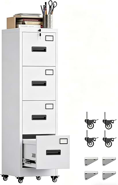 METAN 4 Drawer Metal File Cabinet on Wheels, Lockable Vertical Filing St...