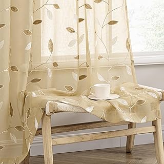 MIULEE Beige Sheer Curtains 2 Panels Embroidered Leaf Patterned Rod Pock...